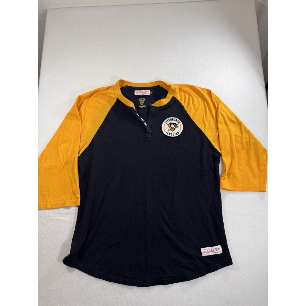 Mitchell Ness Pittsburgh Penguins Vintage Hockey Mens XL 3/4 Sleeve Henley Shirt